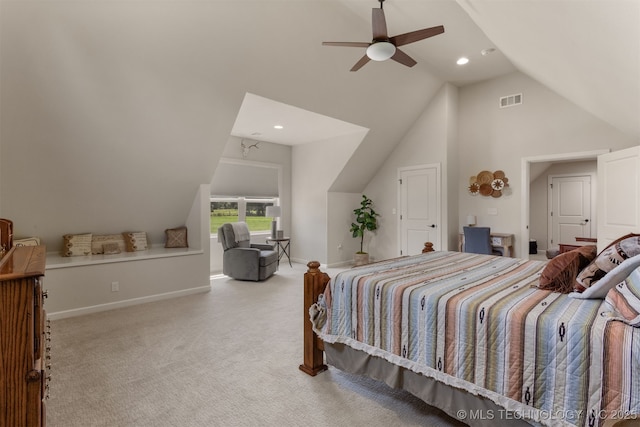 22322 E 121st St S, Broken Arrow, OK 74014 - carpeted bedroom with vaulted ceiling, recessed lighting, and ceiling fan