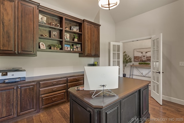 22322 E 121st St S, Broken Arrow, OK 74014 - home office with french doors, lofted ceiling, and dark wood-style floors