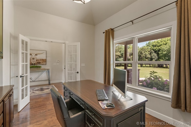 22322 E 121st St S, Broken Arrow, OK 74014 - office with french doors, dark wood-type flooring, and lofted ceiling