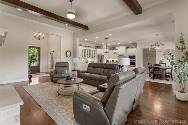 22322 E 121st St S, Broken Arrow, OK 74014 - living room with beam ceiling, a chandelier, dark wood-style flooring, and recessed lighting