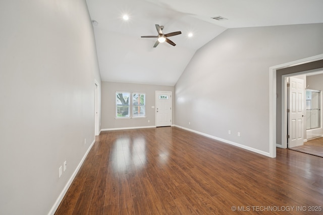 4534 E 5th Pl, Tulsa, OK 74112 - unfurnished living room with ceiling fan, vaulted ceiling, dark wood-style floors, and recessed lighting
