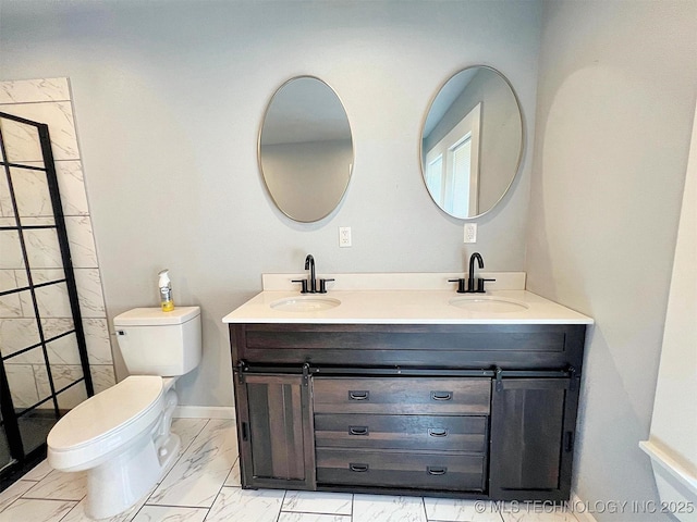 609 E Ward St, Tahlequah, OK 74464 - bathroom featuring marble finish floors, double vanity, and tiled shower