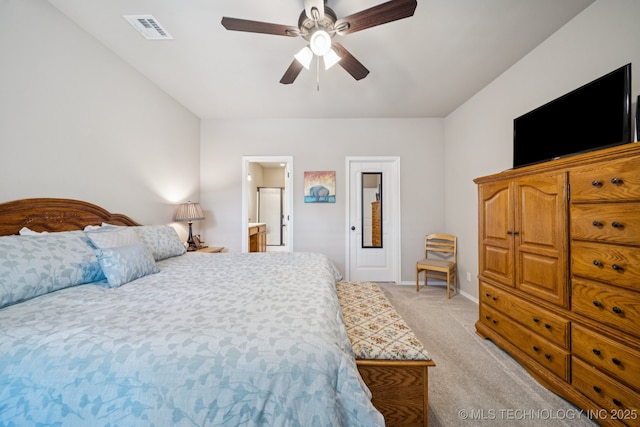 445 S Cypress Ave, Broken Arrow, OK 74012 - bedroom featuring light colored carpet, ceiling fan, and connected bathroom