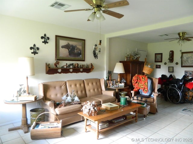 399987 W 3700th Rd, Ramona, OK 74061 - tiled living room with ceiling fan