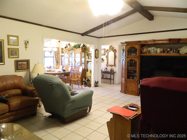 399987 W 3700th Rd, Ramona, OK 74061 - living area featuring light tile patterned flooring and lofted ceiling