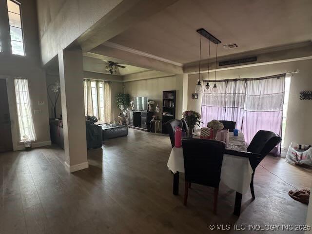 908 S Umbrella Cir, Broken Arrow, OK 74012 - dining space featuring plenty of natural light, ornamental molding, a ceiling fan, and wood finished floors