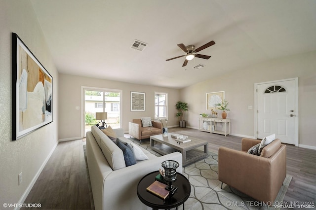 25530 S 608th Ct, Grove, OK 74344 - living room with a ceiling fan, wood finished floors, and vaulted ceiling