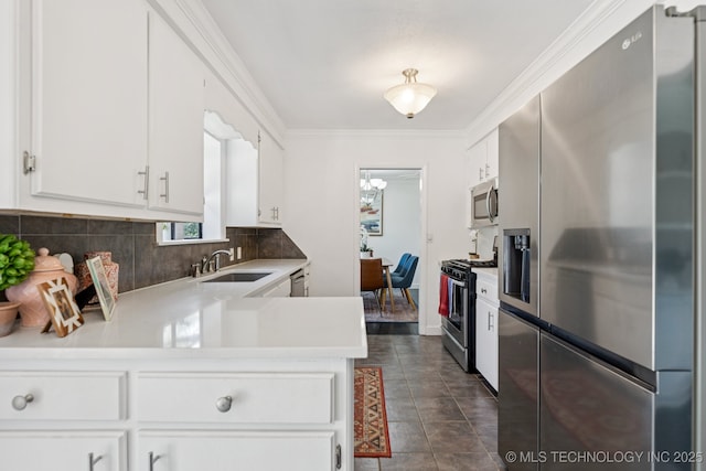 4019 E 37th St S, Tulsa, OK 74135 - kitchen featuring stainless steel appliances, tasteful backsplash, white cabinetry, light countertops, and ornamental molding