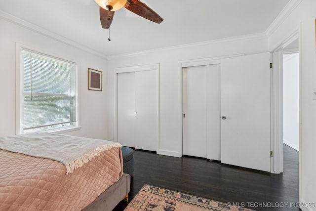 4019 E 37th St S, Tulsa, OK 74135 - bedroom with multiple closets, dark wood-style flooring, ornamental molding, and a ceiling fan