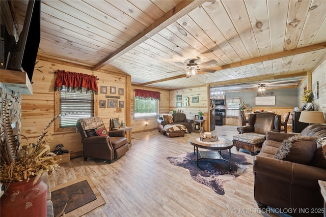 719 Oklahoma Ave, Wynona, OK 74084 - living room featuring wooden walls, a wooden ceiling with exposed beams, wood finished floors, and ceiling fan