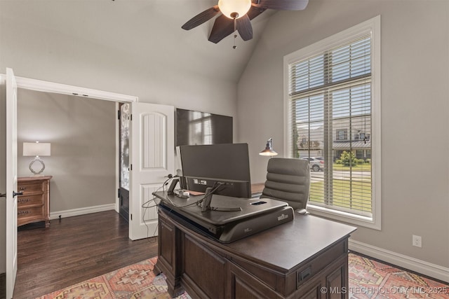 449 E 129th Pl, Jenks, OK 74037 - office featuring ceiling fan, dark wood finished floors, and vaulted ceiling