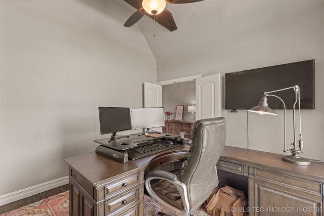 449 E 129th Pl, Jenks, OK 74037 - home office with a ceiling fan, wood finished floors, and high vaulted ceiling