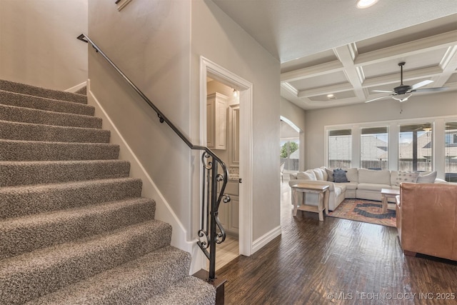 449 E 129th Pl, Jenks, OK 74037 - stairs featuring coffered ceiling, a ceiling fan, wood finished floors, beam ceiling, and recessed lighting
