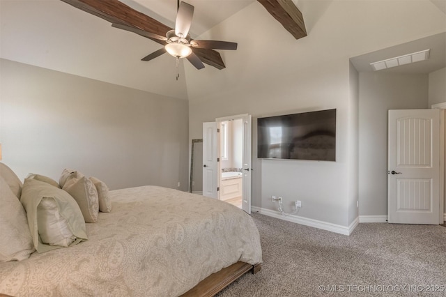 449 E 129th Pl, Jenks, OK 74037 - bedroom with carpet floors, vaulted ceiling, ensuite bathroom, and ceiling fan