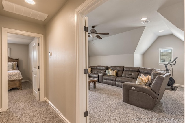 449 E 129th Pl, Jenks, OK 74037 - living area featuring carpet flooring, vaulted ceiling, recessed lighting, and ceiling fan