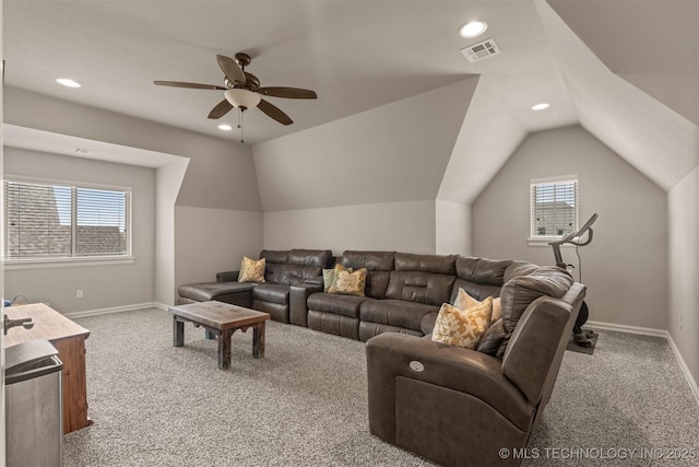 449 E 129th Pl, Jenks, OK 74037 - living room featuring carpet floors, ceiling fan, lofted ceiling, and recessed lighting