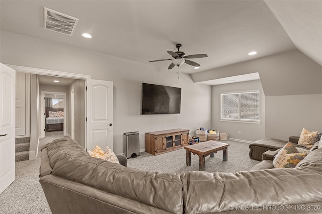 449 E 129th Pl, Jenks, OK 74037 - carpeted living room featuring ceiling fan, recessed lighting, and vaulted ceiling
