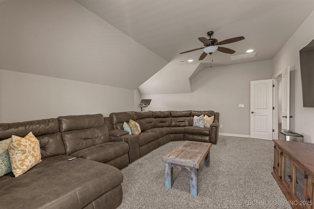 449 E 129th Pl, Jenks, OK 74037 - living area with a ceiling fan, carpet flooring, recessed lighting, and vaulted ceiling