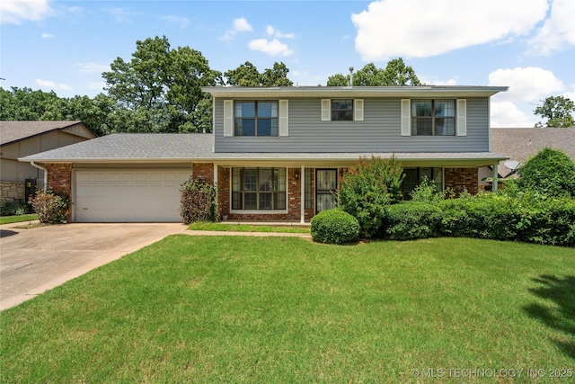 7033 E 99th St, Tulsa, OK 74133 - view of front of home with an attached garage, brick siding, concrete driveway, and a front yard