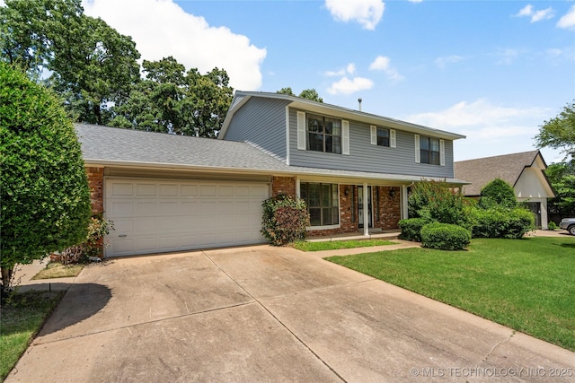 7033 E 99th St, Tulsa, OK 74133 - view of front of property featuring brick siding, a garage, driveway, a front yard, and roof with shingles