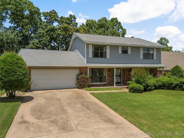 7033 E 99th St, Tulsa, OK 74133 - view of front of house with an attached garage, brick siding, driveway, a front yard, and a shingled roof