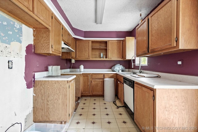 705 W Hartford Pl, Broken Arrow, OK 74012 - kitchen with white dishwasher, under cabinet range hood, open shelves, brown cabinetry, and light countertops