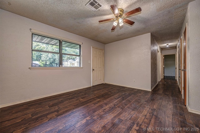 807 E Tahlequah, Sulphur, OK 73086 - empty room with dark wood finished floors, a textured ceiling, a ceiling fan, and a textured wall