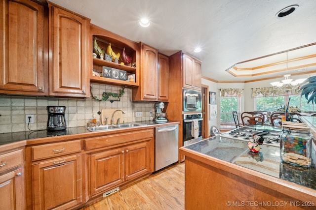 25070 S Red Oak Dr, Claremore, OK 74019 - kitchen featuring stainless steel appliances, brown cabinetry, crown molding, and recessed lighting