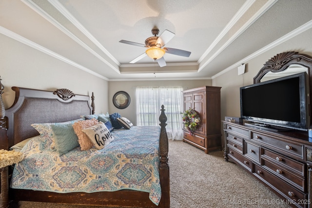 25070 S Red Oak Dr, Claremore, OK 74019 - bedroom featuring light carpet, a tray ceiling, ornamental molding, and a ceiling fan