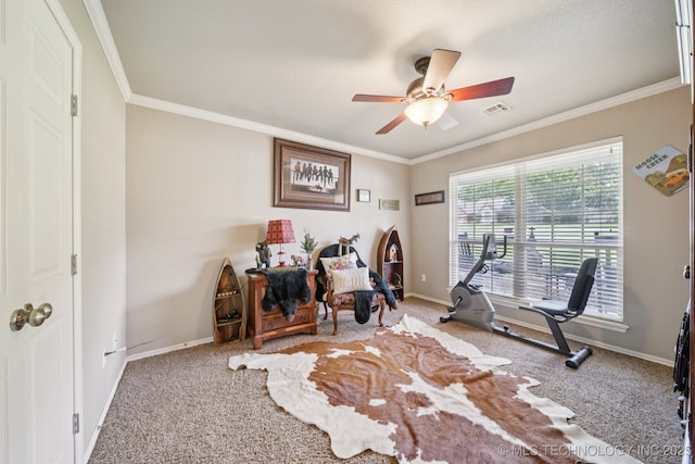25070 S Red Oak Dr, Claremore, OK 74019 - carpeted office featuring a ceiling fan and ornamental molding