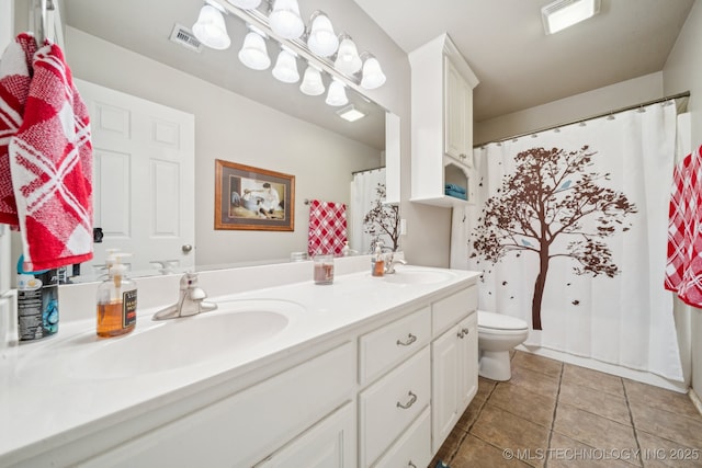 25070 S Red Oak Dr, Claremore, OK 74019 - bathroom with double vanity, tile patterned flooring, and curtained shower
