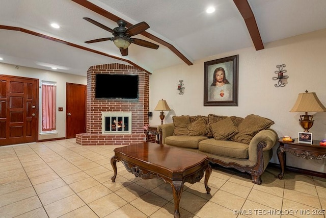 12915 S 120th E Pl, Tulsa, OK 74011 - living room with light tile patterned floors, ceiling fan, a brick fireplace, and recessed lighting