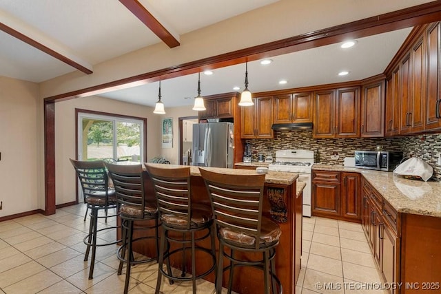 12915 S 120th E Pl, Tulsa, OK 74011 - kitchen featuring appliances with stainless steel finishes, under cabinet range hood, backsplash, light tile patterned floors, and beamed ceiling