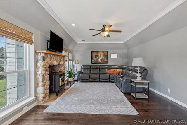 200 N Redwood Ct, Broken Arrow, OK 74012 - living area featuring healthy amount of natural light, a ceiling fan, wood finished floors, crown molding, and recessed lighting