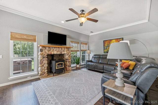 200 N Redwood Ct, Broken Arrow, OK 74012 - living room with a wood stove, ceiling fan, ornamental molding, wood finished floors, and recessed lighting