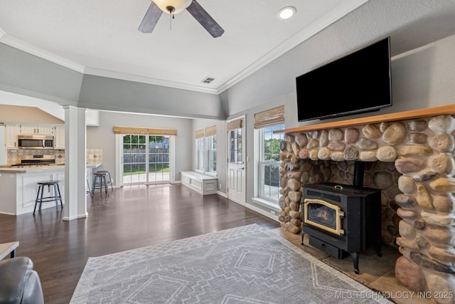 200 N Redwood Ct, Broken Arrow, OK 74012 - living area featuring crown molding, dark wood-type flooring, a wood stove, a ceiling fan, and vaulted ceiling