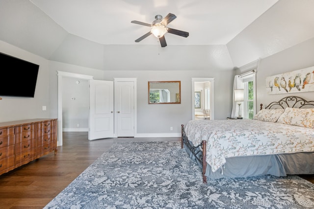 200 N Redwood Ct, Broken Arrow, OK 74012 - bedroom with vaulted ceiling, wood finished floors, a ceiling fan, and ensuite bathroom