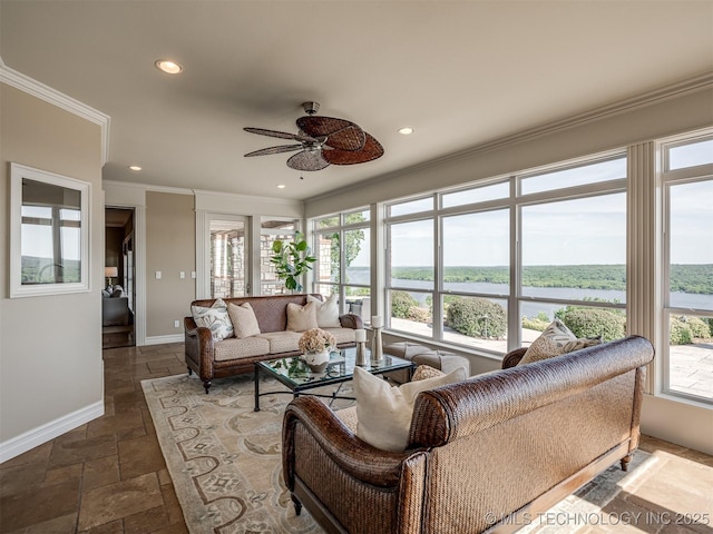 34159 E 698th Rd, Wagoner, OK 74467 - living room with crown molding, a water view, a ceiling fan, stone tile floors, and recessed lighting