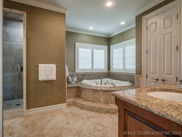 34159 E 698th Rd, Wagoner, OK 74467 - full bathroom featuring a garden tub, vanity, ornamental molding, tiled shower, and recessed lighting