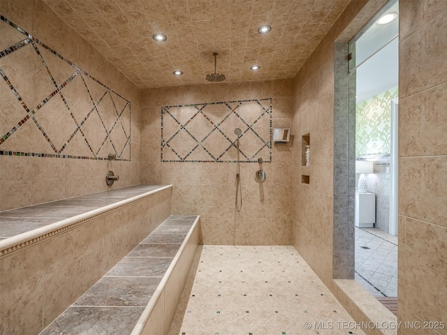 34159 E 698th Rd, Wagoner, OK 74467 - full bath featuring tile walls, recessed lighting, tiled shower, and tile patterned flooring