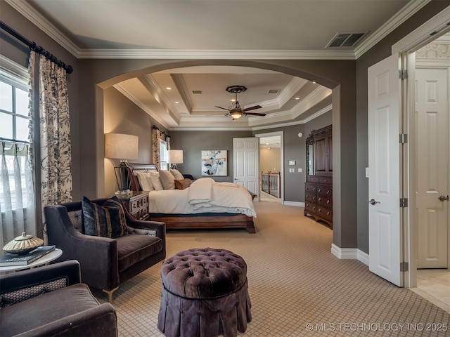 34159 E 698th Rd, Wagoner, OK 74467 - bedroom featuring arched walkways, a raised ceiling, ornamental molding, light colored carpet, and ceiling fan