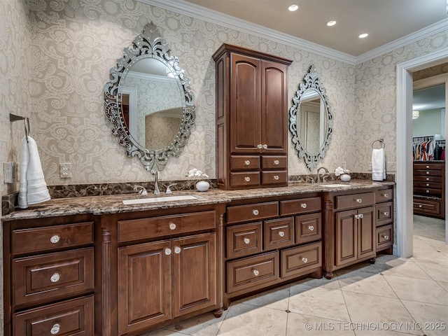34159 E 698th Rd, Wagoner, OK 74467 - full bath with wallpapered walls, double vanity, crown molding, recessed lighting, and tile patterned floors