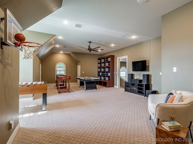 34159 E 698th Rd, Wagoner, OK 74467 - recreation room featuring carpet, plenty of natural light, recessed lighting, a ceiling fan, and lofted ceiling