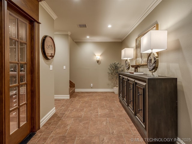 34159 E 698th Rd, Wagoner, OK 74467 - hall featuring crown molding, stone tile floors, stairs, and recessed lighting
