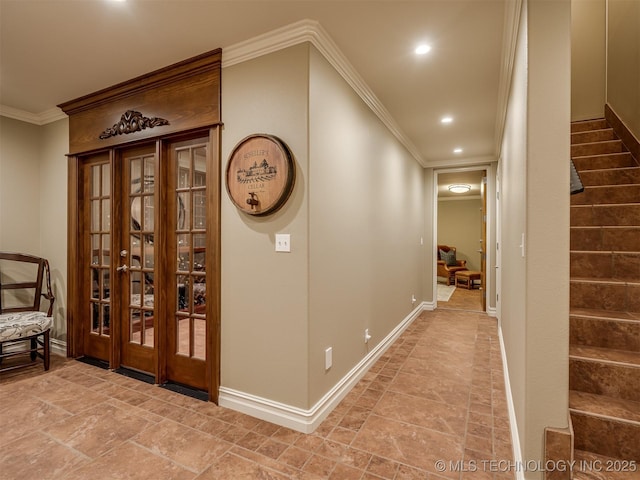 34159 E 698th Rd, Wagoner, OK 74467 - corridor with crown molding, stairs, recessed lighting, and stone finish flooring