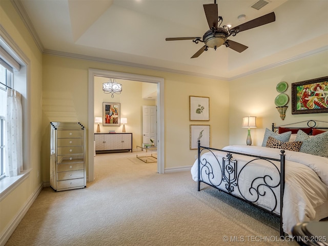 34159 E 698th Rd, Wagoner, OK 74467 - bedroom with carpet floors, ornamental molding, a tray ceiling, and ceiling fan