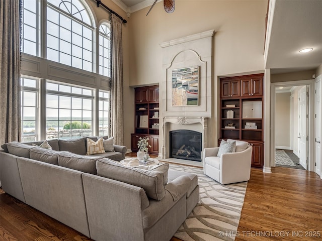 34159 E 698th Rd, Wagoner, OK 74467 - living room with wood finished floors, crown molding, a glass covered fireplace, a towering ceiling, and plenty of natural light
