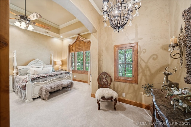 19735 E Woodhaven Rd, Owasso, OK 74055 - bedroom featuring arched walkways, ornamental molding, carpet flooring, and a chandelier