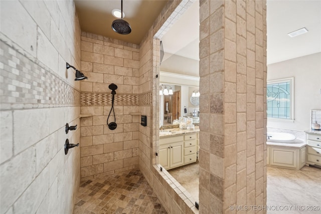 19735 E Woodhaven Rd, Owasso, OK 74055 - full bath with a tile shower, vanity, tile patterned flooring, and a tub