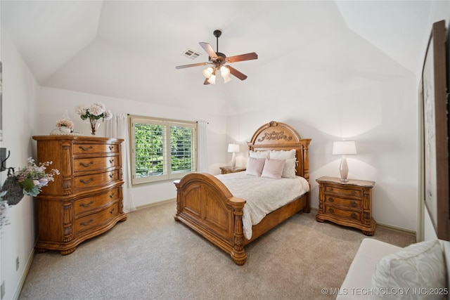 19735 E Woodhaven Rd, Owasso, OK 74055 - bedroom featuring vaulted ceiling, light carpet, and ceiling fan